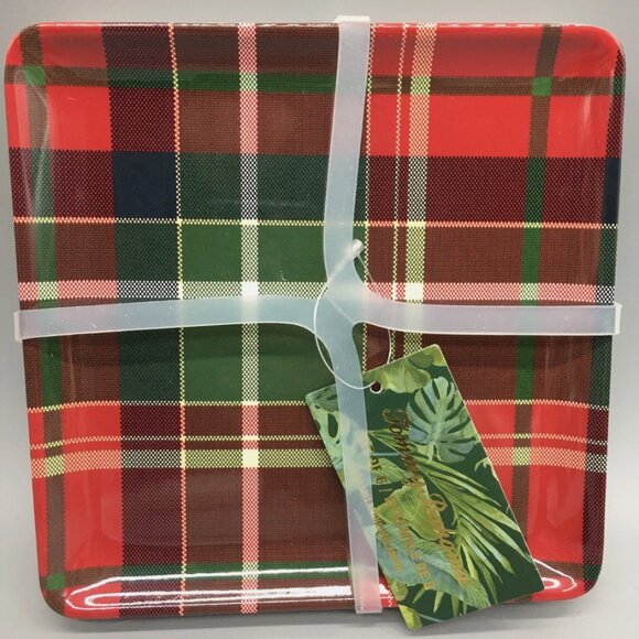 x6 TOMMY BAHAMA Red Tartan Plaid Melamine Appetizer Plate Set Square Christmas - Picture 1 of 5